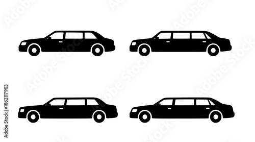 4 limousine illustration icons, silhouette, transparent background