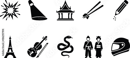 Cultural icon silhouettes featuring landmarks music traditions objects and people symbols global culture set isolated on white background illustration collection