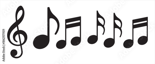 Set of black music note icons and treble clef symbol isolated on white background for graphic design