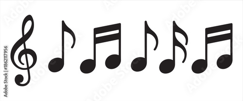 Vector music notes icons set with treble clef and various notation symbols on clean white background