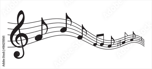 Wavy musical staff with flowing notes and treble clef black and white silhouette vector illustration