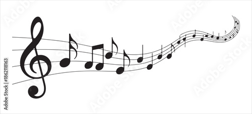 Flowing musical staff with treble clef and various notes indicating a musical composition illustration