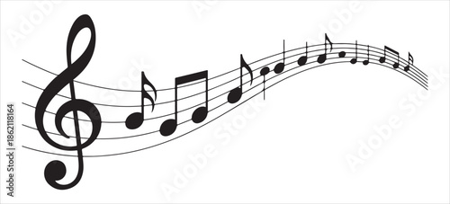 Elegant flowing musical staff displaying various notes and treble clef ending in small notes graphic vector