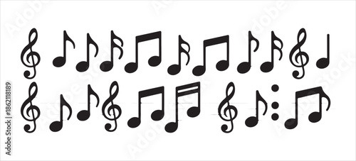 Collection of various music symbols notes and clefs in black silhouette forms set on white background