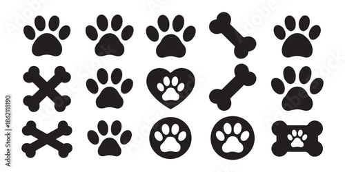 Set dog paw prints bones hearts icons graphic elements for pet design on white background