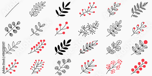 Minimalist Botanical Illustrations Set with Various Leaf Sprigs and Red Berry Accents for Natural and Organic Branding