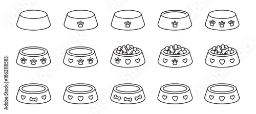 Collection dog food bowls line art simple pet dish icons graphic design elements isolated white