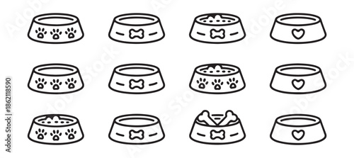 Collection dog food bowls simple pet dish icons graphic design elements on white background