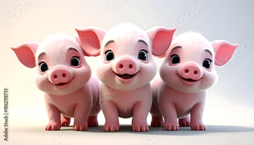 Three Adorable Pink Piglets with Big Smiles and Expressive Faces.