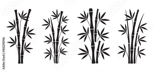 Black bamboo silhouette collection featuring various stalk heights and leaf patterns for vector art