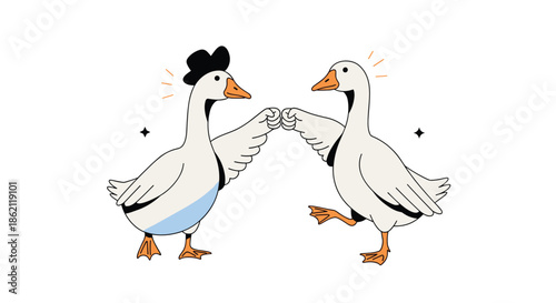 Two funny white geese standing together and giving a friendly fist bump with their wings on a white background.