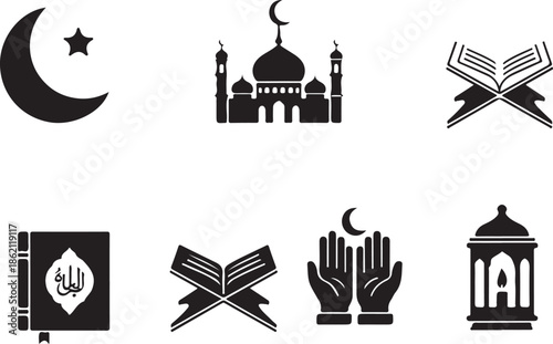 Islamic Symbols Vector Set: A collection of meticulously crafted, elegant vector illustrations capturing core Islamic symbols, perfect for representing faith, culture, and tradition.