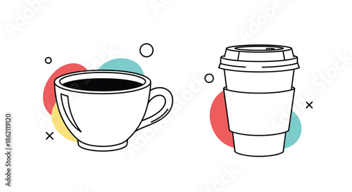 Comparison of a ceramic white coffee cup and a paper takeaway coffee cup with a sleeve and lid in a simple style.