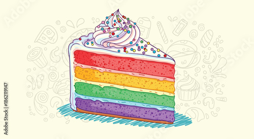 Delicious slice of multi-layered rainbow cake with white cream frosting and colorful sprinkles on top and back.
