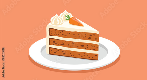 Slice of carrot cake with white cream cheese frosting and a tiny marzipan carrot decoration on a simple white plate.