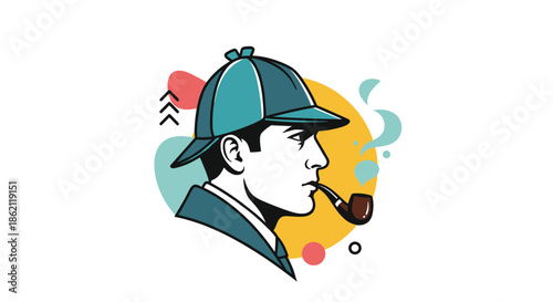 Classic profile portrait of a mysterious detective wearing a deerstalker hat and smoking a traditional tobacco pipe.