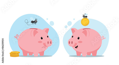 Two pink piggy banks illustrating savings concepts with one sad and empty and another being filled by a tiny ant.