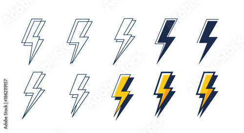 Collection of lightning bolt icons in various styles including line art, solid black, and colored versions with shadows for design projects.