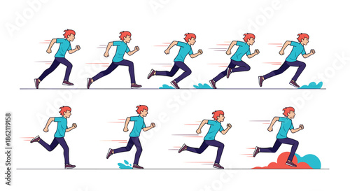 Animation sprite sheet sequence showing a young man with red hair in various frames of a running cycle on white.