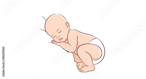 Adorable baby sleeping peacefully on a soft pillow wearing a white diaper, hand drawn illustration capturing a quiet moment of childhood.