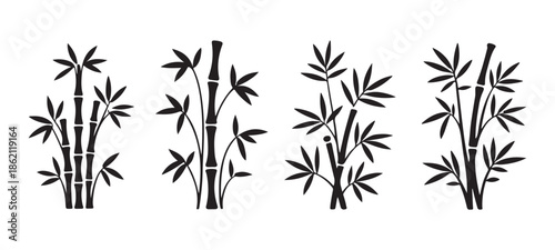 Four variations of black bamboo bush silhouettes with leaves isolated on white background decor