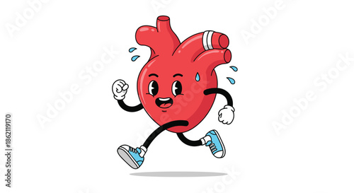 Energetic cartoon human heart character running in blue sneakers with sweat drops, promoting cardiovascular health and regular exercise.