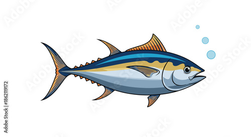 Tuna fish swimming in the deep sea with small air bubbles, isolated on white background, highly detailed commercial fish illustration.
