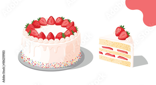 Delicious whole strawberry cream cake decorated with fresh berries and a matching single slice displayed on a white surface.