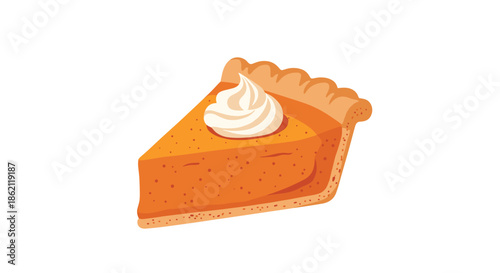 Delicious slice of pumpkin pie topped with a generous dollop of whipped cream, perfect dessert for thanksgiving and autumn celebrations.