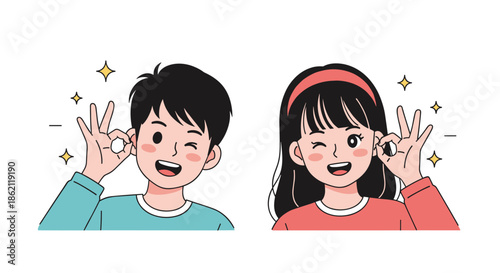 Two cute cartoon characters, a boy and a girl, winking and making an OK hand sign with sparkling star accents around them.