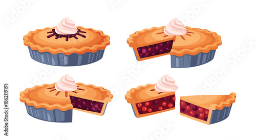 Set of four illustrations showing a delicious berry pie in various stages from whole to a single slice with whipped cream.