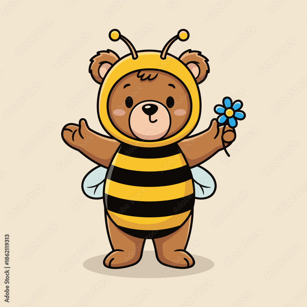 Obraz premium Cheerful bear in bee costume holding flower Vector