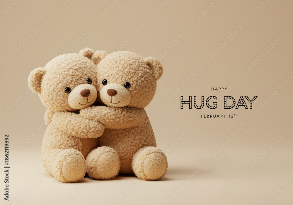 Obraz premium Two Fluffy Teddy Bears Hugging on a Soft Beige Background for Hug Day embrace