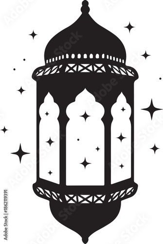 Elegant Silhouette of a Lantern: A captivating black lantern radiates a celestial charm. Adorned with delicate detailing and twinkling stars. a visual ode to the beauty of light and artistic finesse.