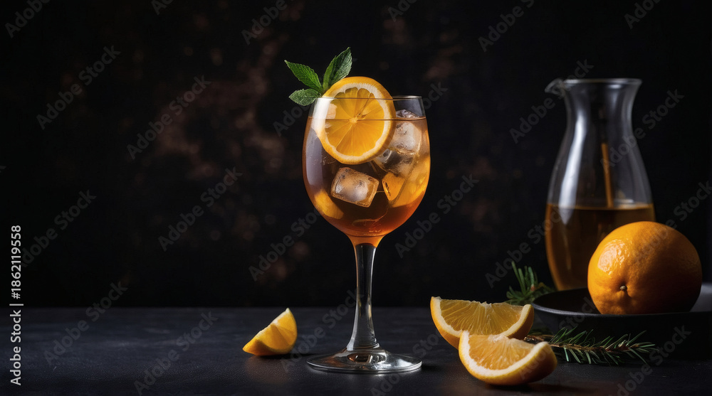 Fototapeta premium Elegant Sparkling Orange Cocktail with Ice and Citrus Garnish