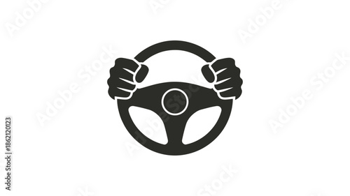 A black and white illustration depicting hands gripping a steering wheel