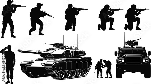 Military silhouettes, soldier poses, tank illustration, armored vehicle, black vector icons, combat stance, army figures, war equipment, battlefield graphics