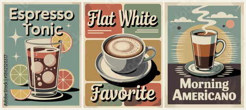 Vintage-style coffee poster set featuring espresso tonic, flat white, and americano drinks with retro colors and distressed texture.