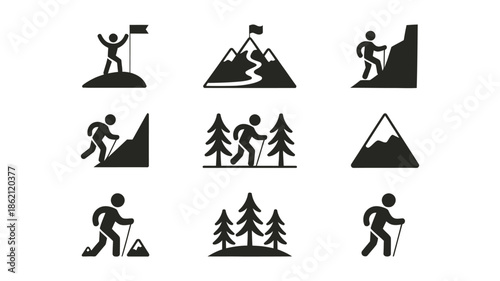 Black silhouette icons depicting hiking mountains and successful mountain climbing