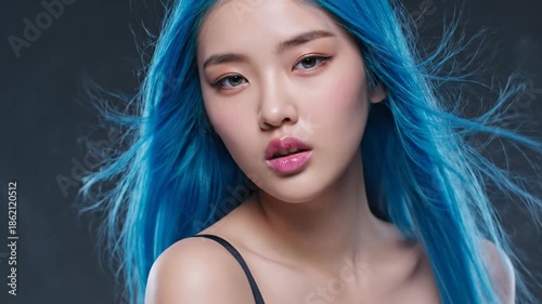 Woman with blue hair and smoke background portrait