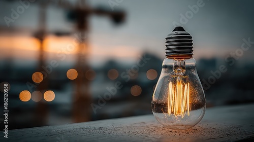 A lit, vintage bulb sits on a ledge with a construction backdrop
