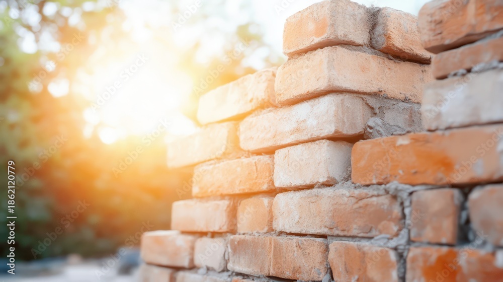 Obraz premium Bricks in the Sunshine: A close-up shot of a brick wall under the bright glow of the sun, highlighting the texture and structure of the bricks. 