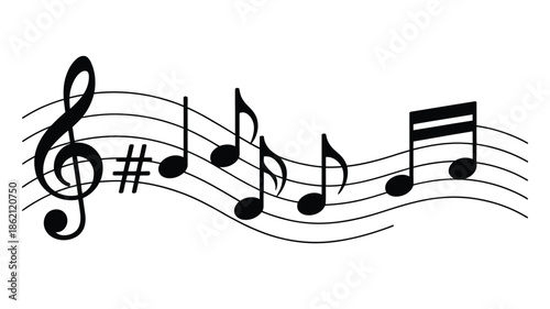 Musical notes and treble clef on a wavy staff represent melody