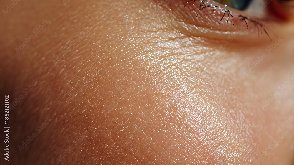 Fototapeta premium Macro View of Human Skin Texture with Fine Hairs and Subtle Shine