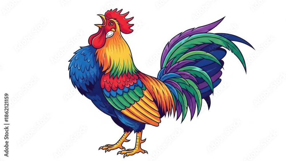 Fototapeta premium Colorful rooster crowing enthusiastically.