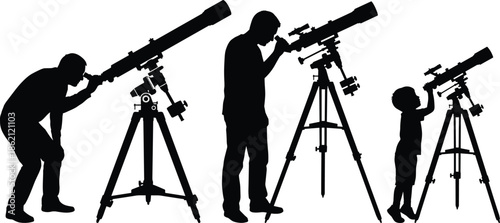 Astronomy silhouettes of man and child observing sky with telescope on tripod, science education stargazing family concept isolated on white background illustration