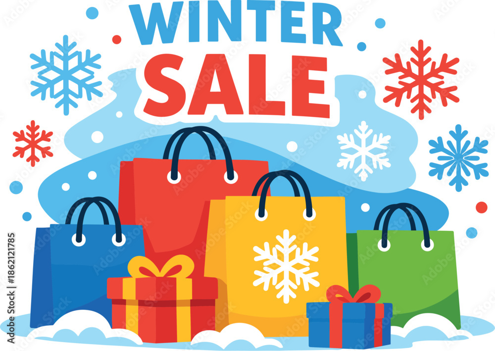 Fototapeta premium Colorful shopping bags and gift boxes with winter sale text