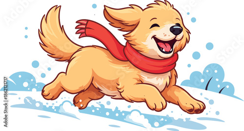 Happy golden retriever dog running in snow with red scarf