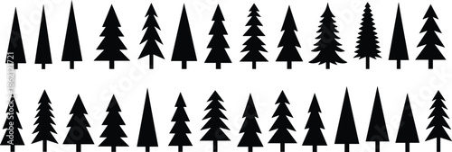 Evergreen pine tree silhouettes collection isolated on white background featuring forest nature icons minimal woodland graphic design illustration set