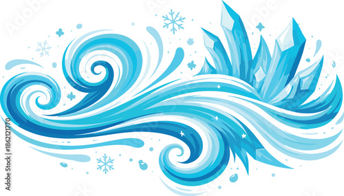 Abstract ice crystal formation with swirling wind and snowflakes